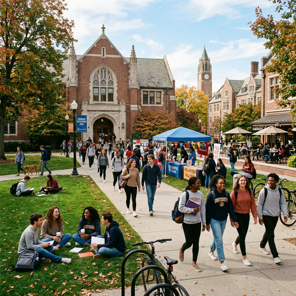 University campus in autumn with students walking, sitting on grass, and tents set up for events