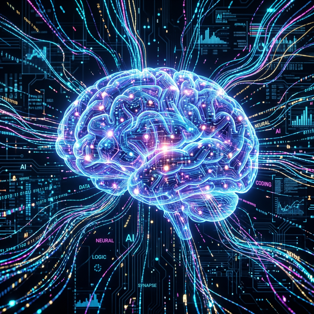 Glowing digital brain with interconnected neural pathways and data streams