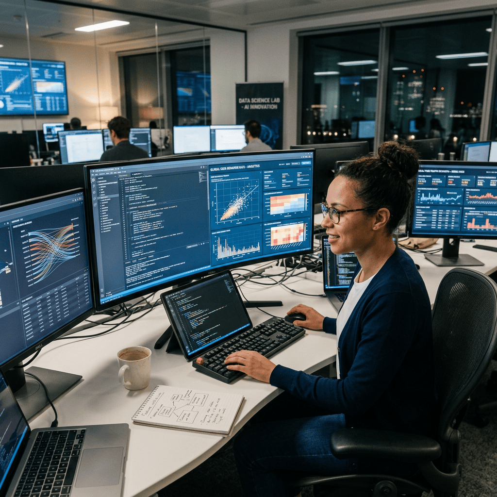 Data scientist coding and analyzing AI data on multiple monitors