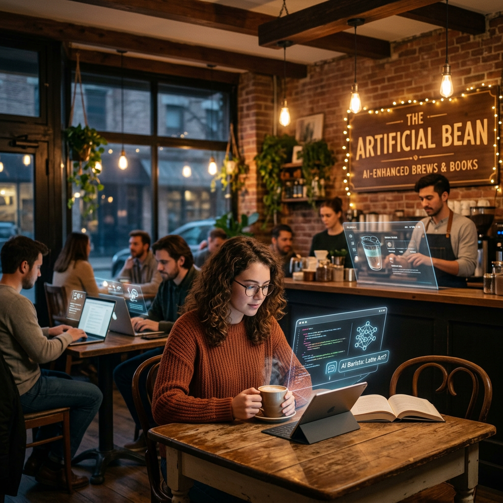 People using laptops with holographic AI interfaces in a cozy coffee shop named The Artificial Bean