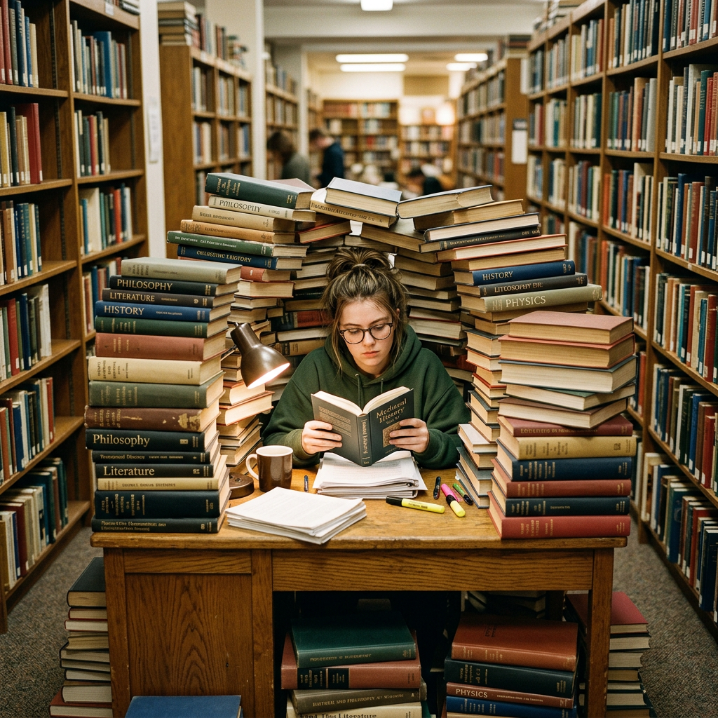 Student reading a book at a desk surrounded by numerous stacks of books in a library