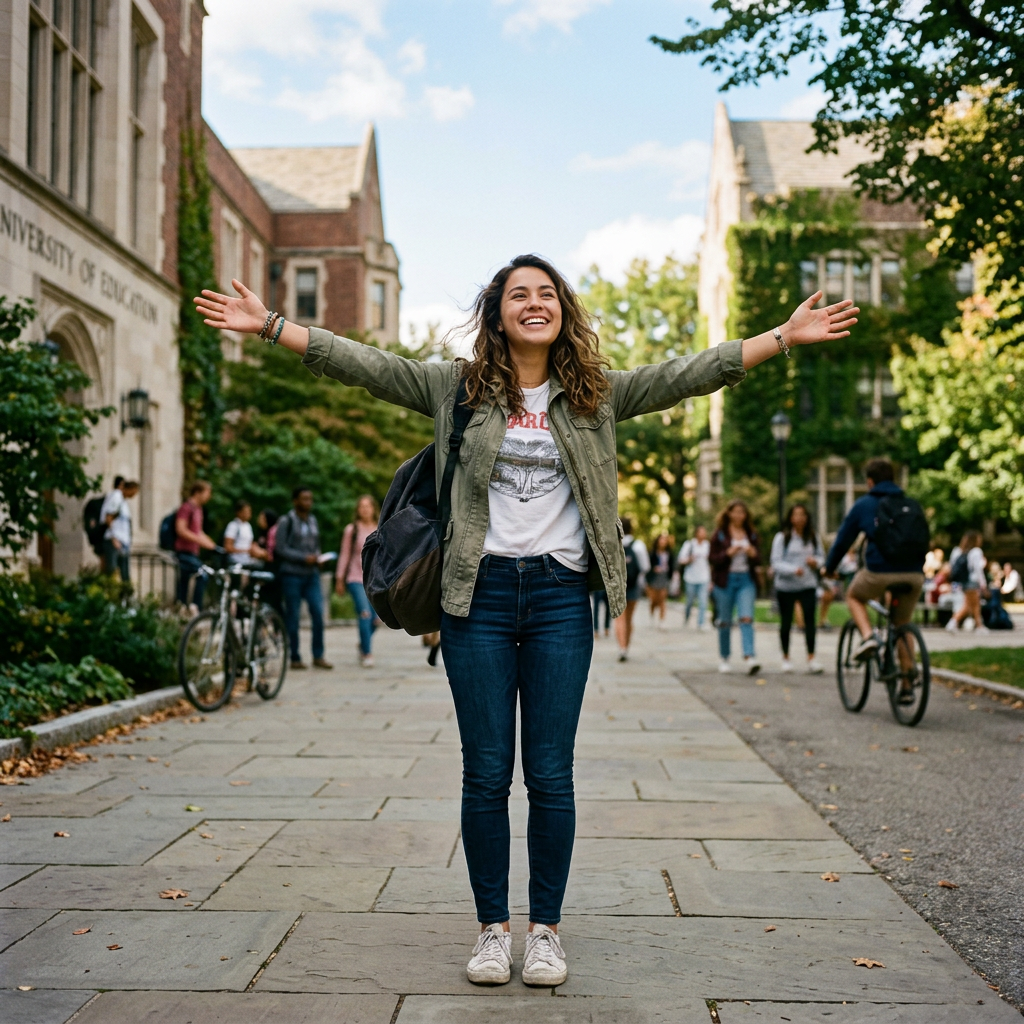 Smiling student with backpack standing on university campus pathway with arms open
