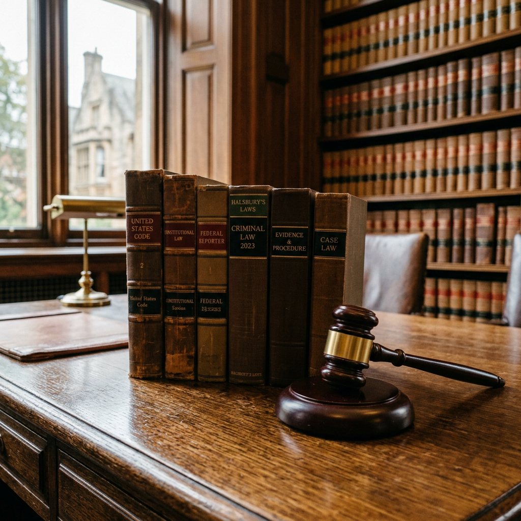 Legal law books and judge gavel on wooden desk in law library