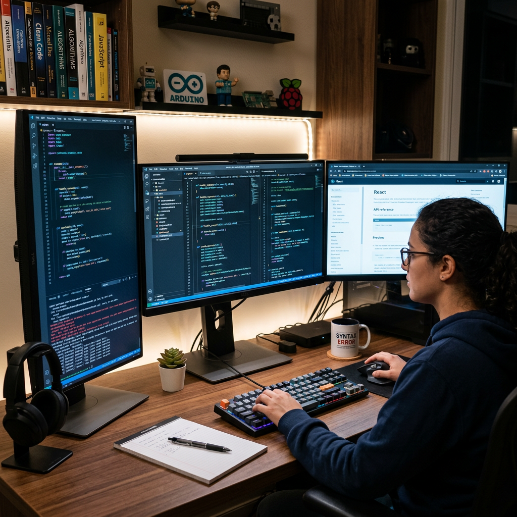 Person coding on a computer with three monitors displaying programming code and documentation