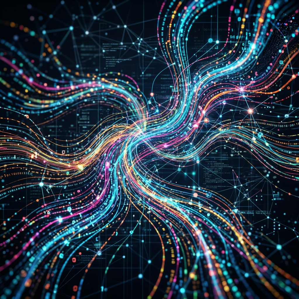 Abstract visualization of flowing colorful digital data streams and network nodes