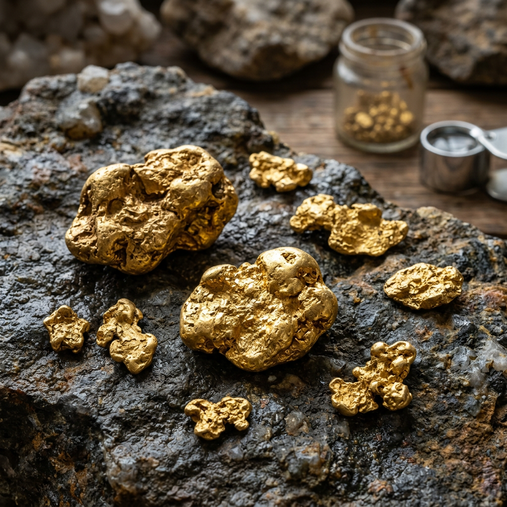 Various natural gold nuggets of different sizes resting on a rough ore rock surface
