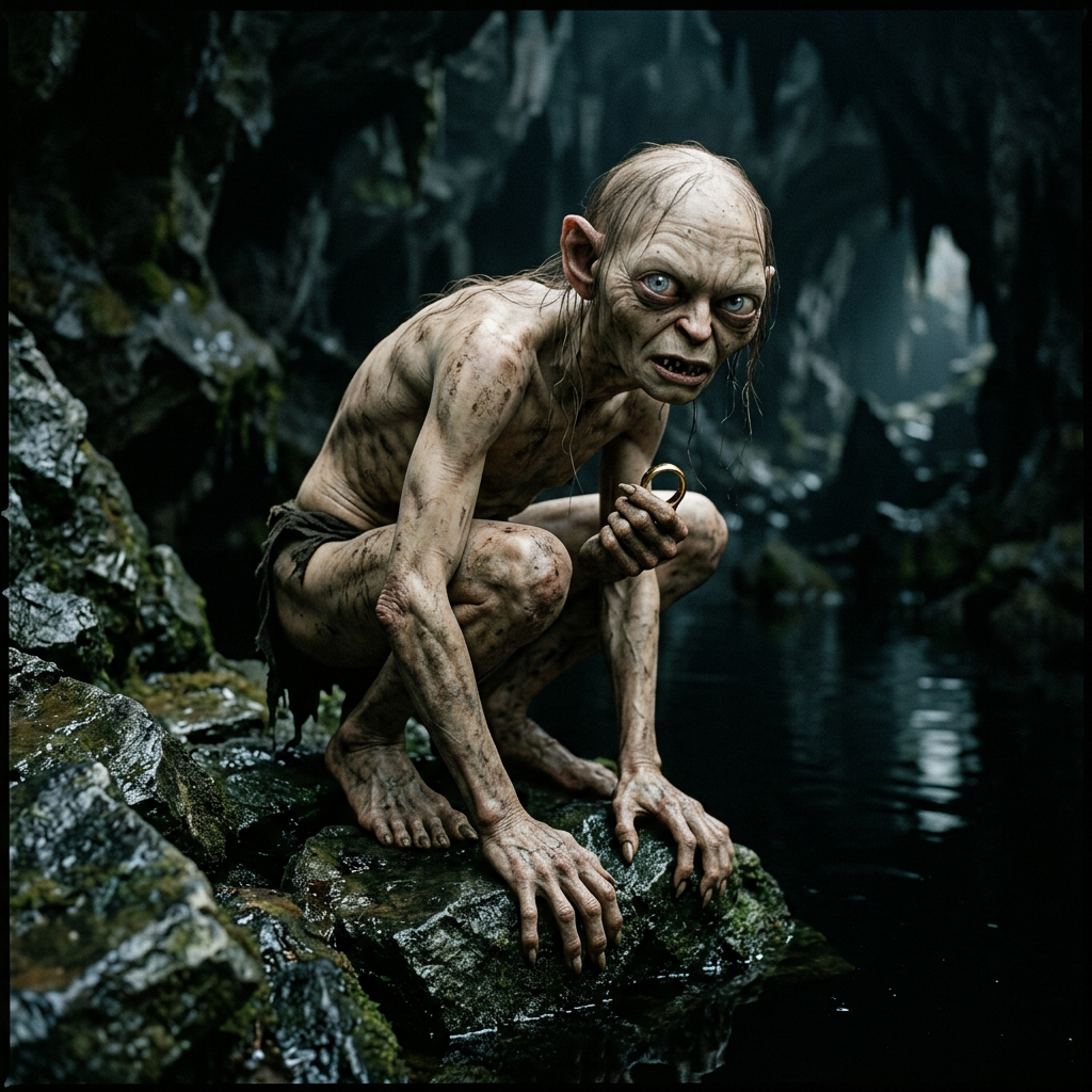 Gollum crouching on a rock in a dark cave holding a golden ring.