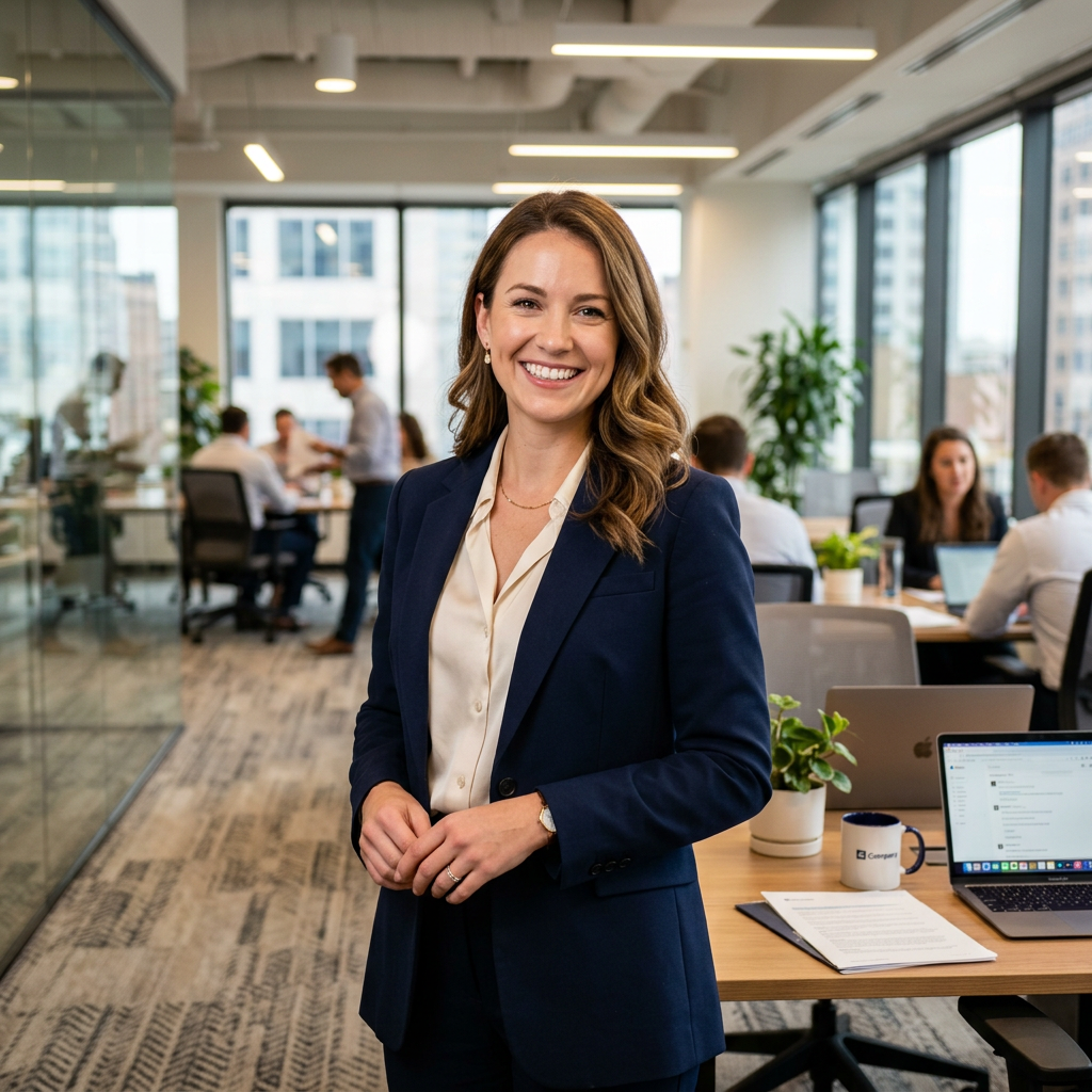 Smiling businesswoman in navy suit standing in a modern office with colleagues working in background