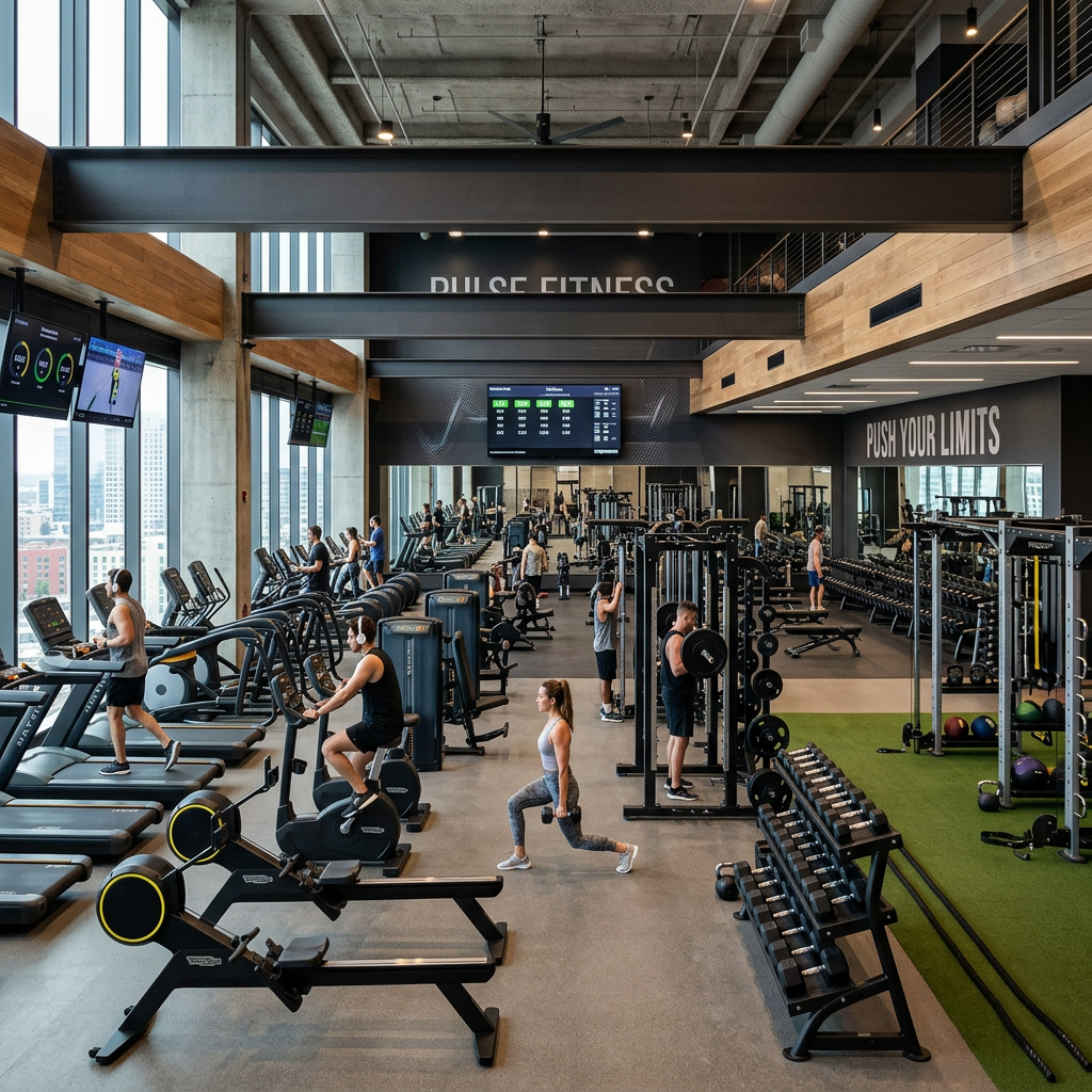 Gym interior with cardio machines, weights, and people exercising