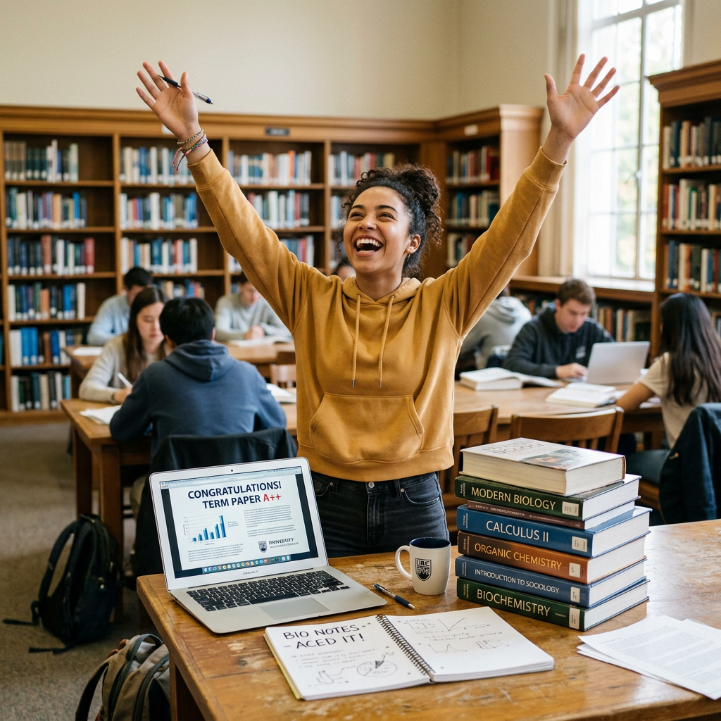 Student celebrating top grade on term paper in library with books and laptop