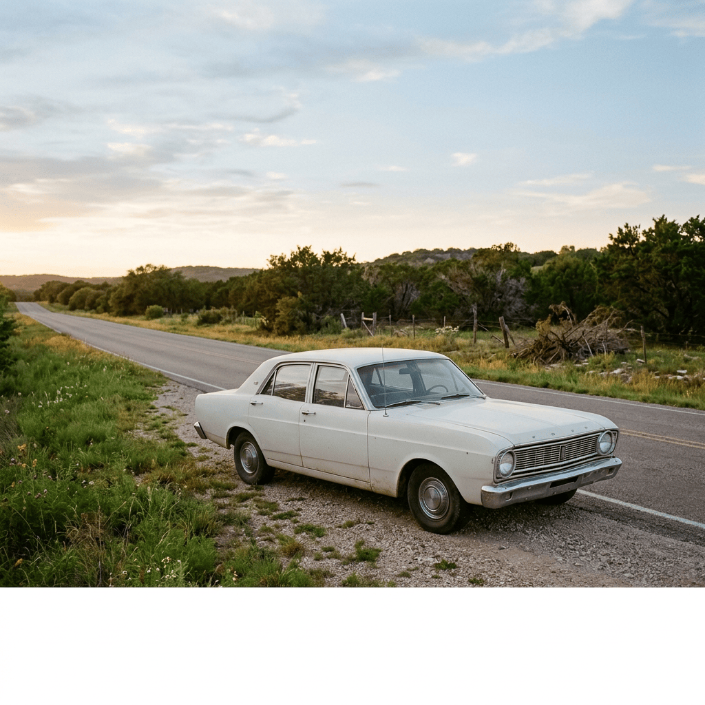 White vintage sedan parked on the side of a rural road