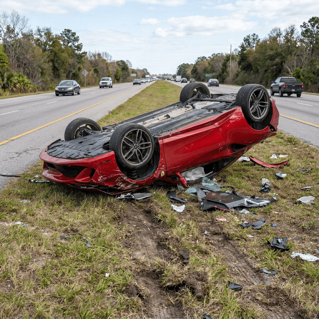 Red car flipped upside down on highway median with broken glass and police officers nearby
