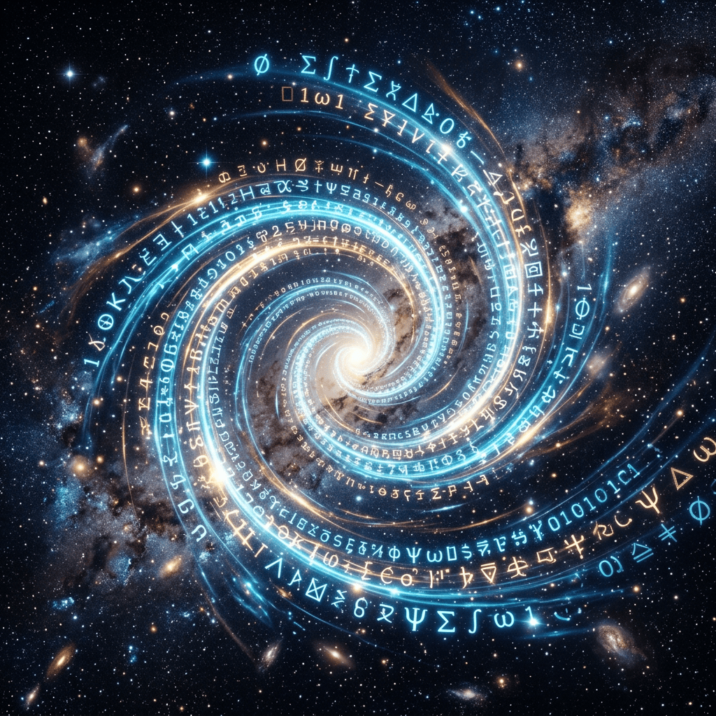 Spiral of glowing symbols and numbers over a cosmic galaxy background