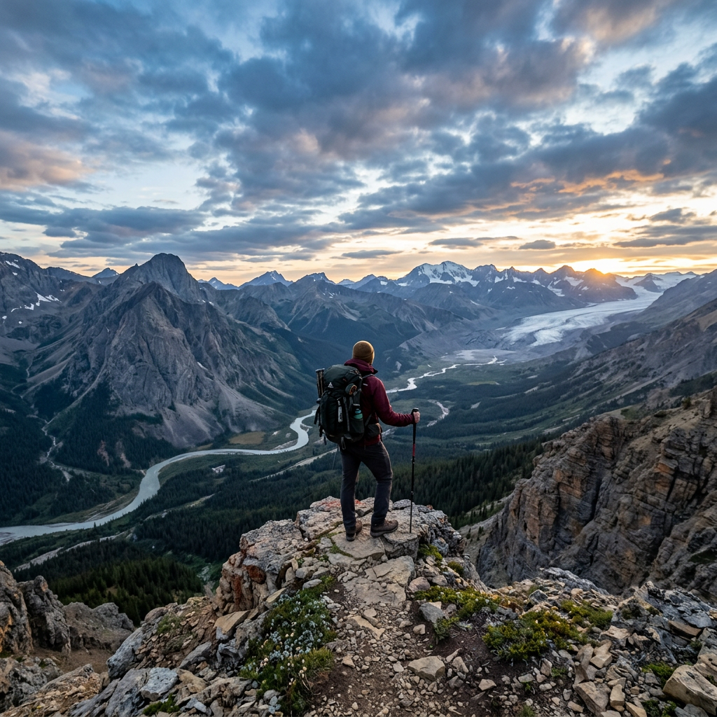 Hiker with backpack standing on rocky cliff overlooking winding river and snow-capped mountains at sunrise
