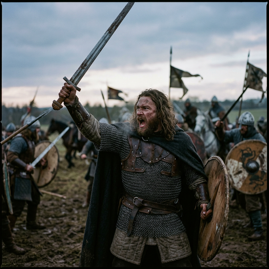 Battlefield warrior with sword raised and shield leading charge