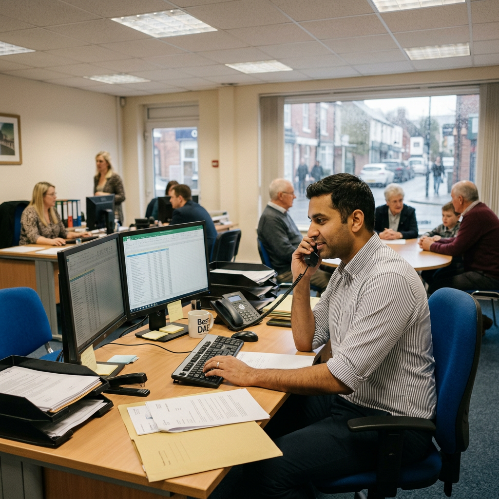 Customer service representative speaking on phone at office desk