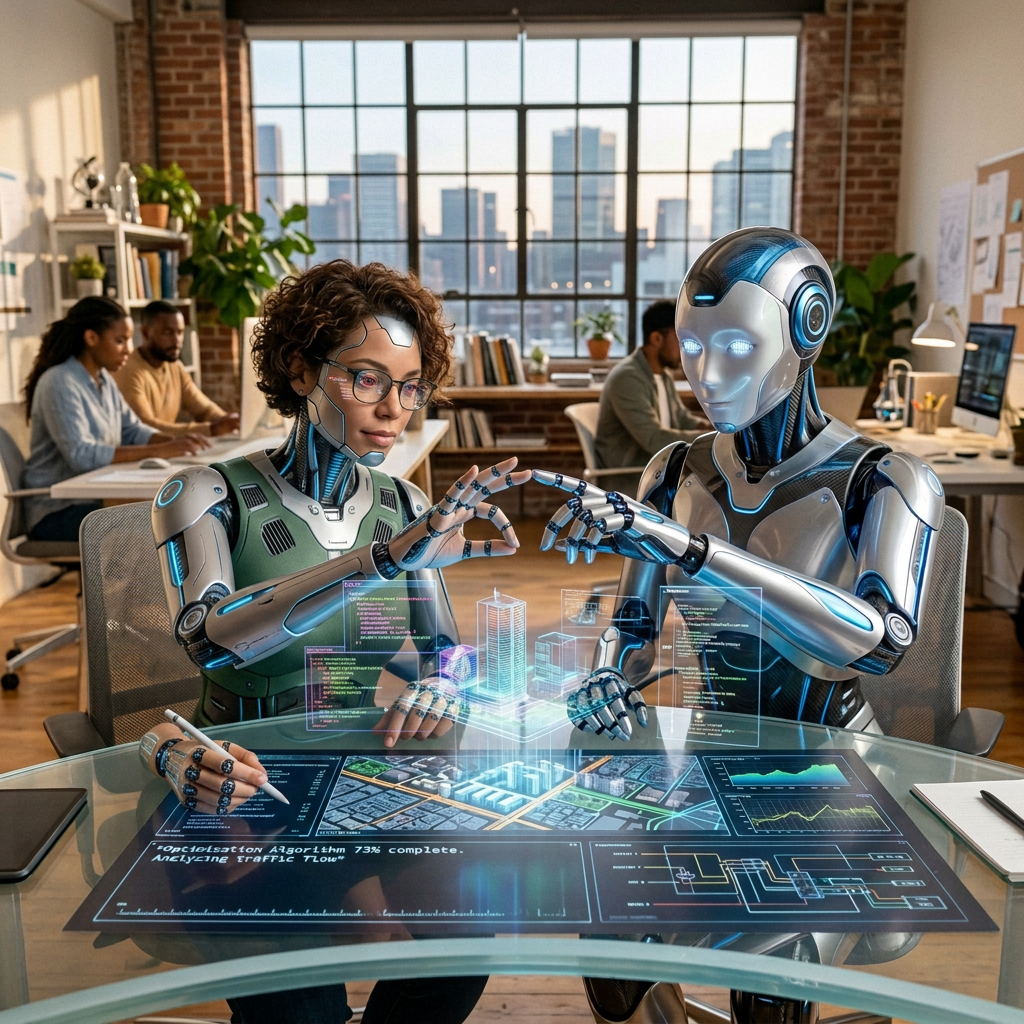 Designer and humanoid robot analyzing holographic urban planning displays