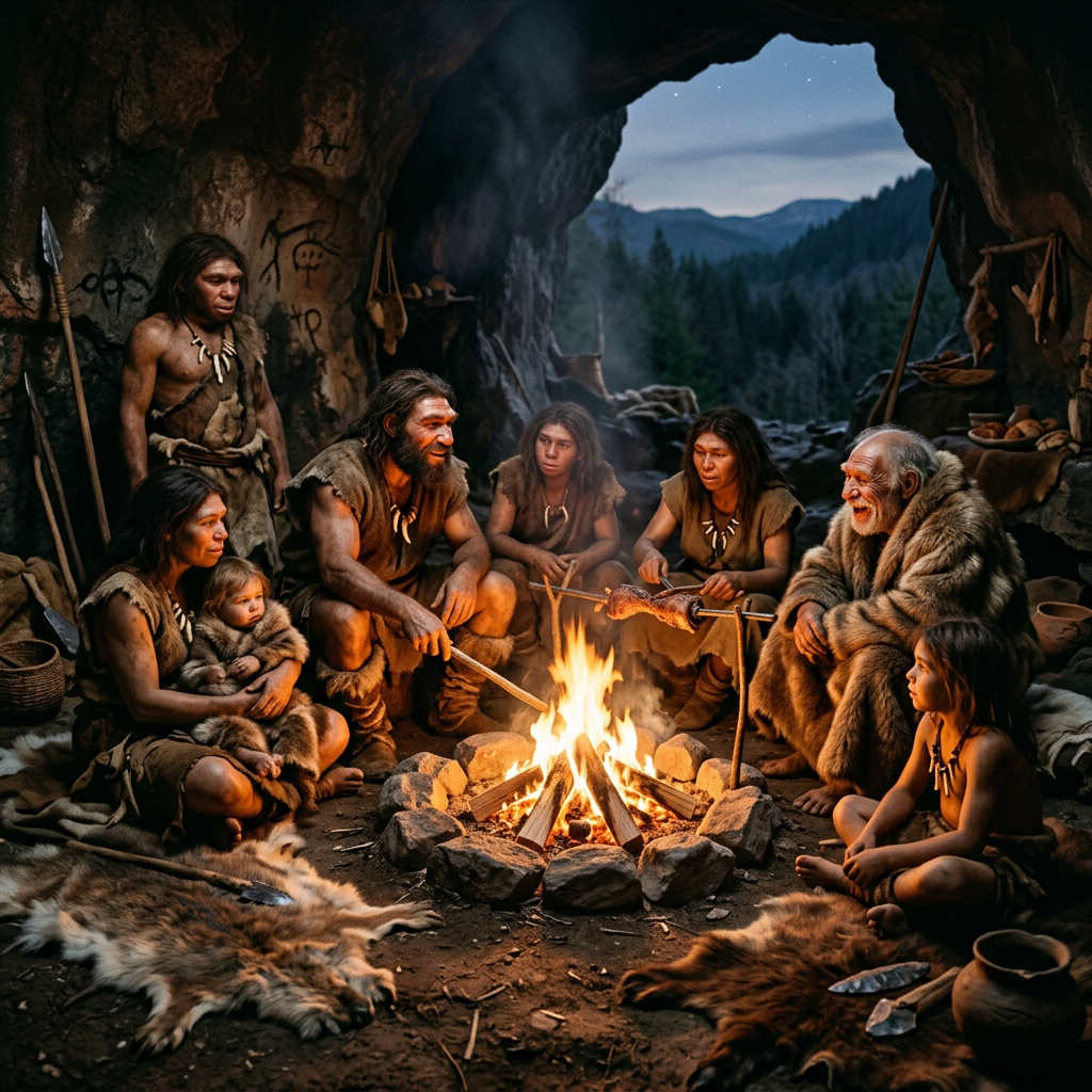 Prehistoric family gathered around a campfire inside a cave