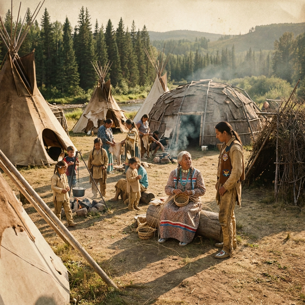Families gather around traditional shelters beside a forested river valley