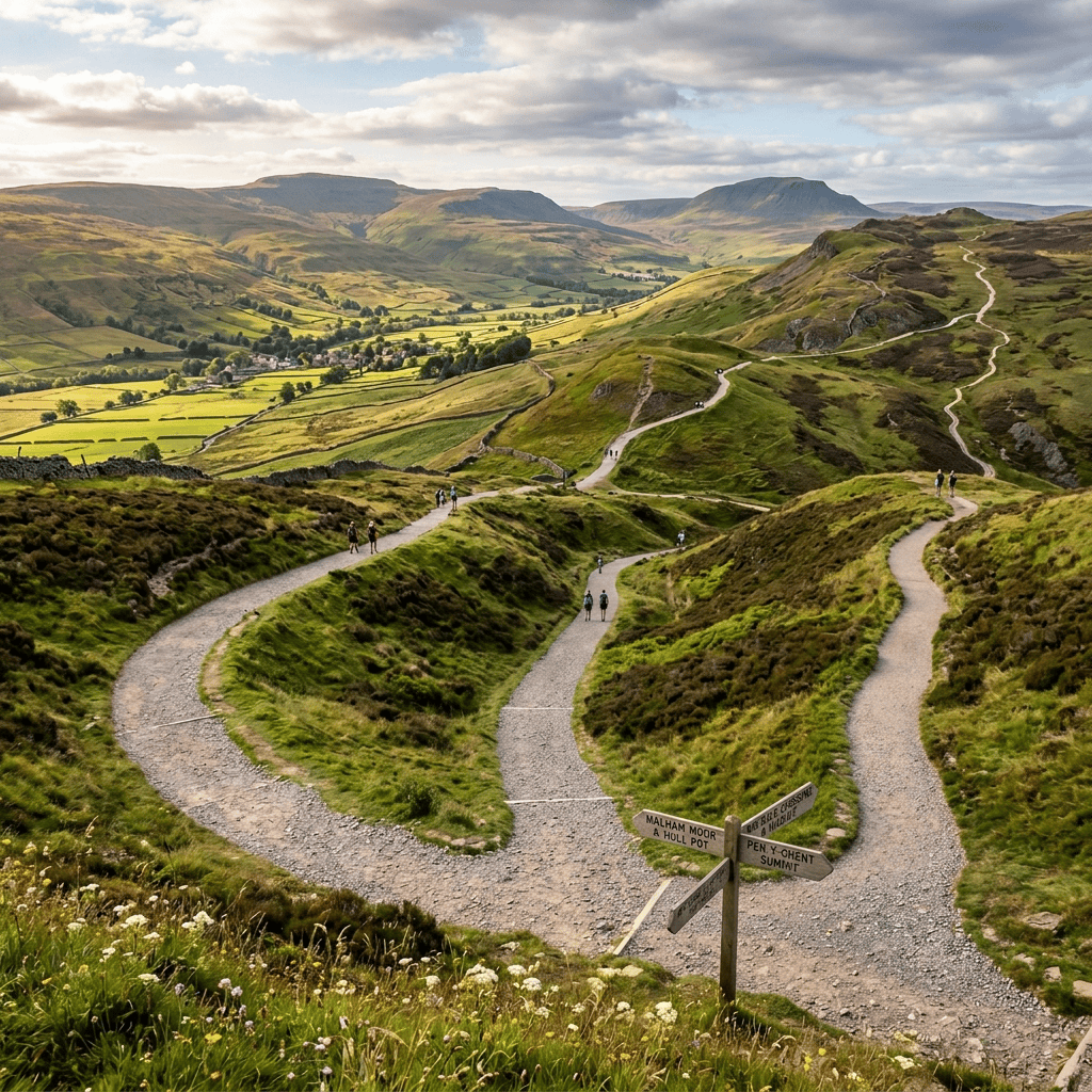 Winding walking trails across green hills above a rural valley
