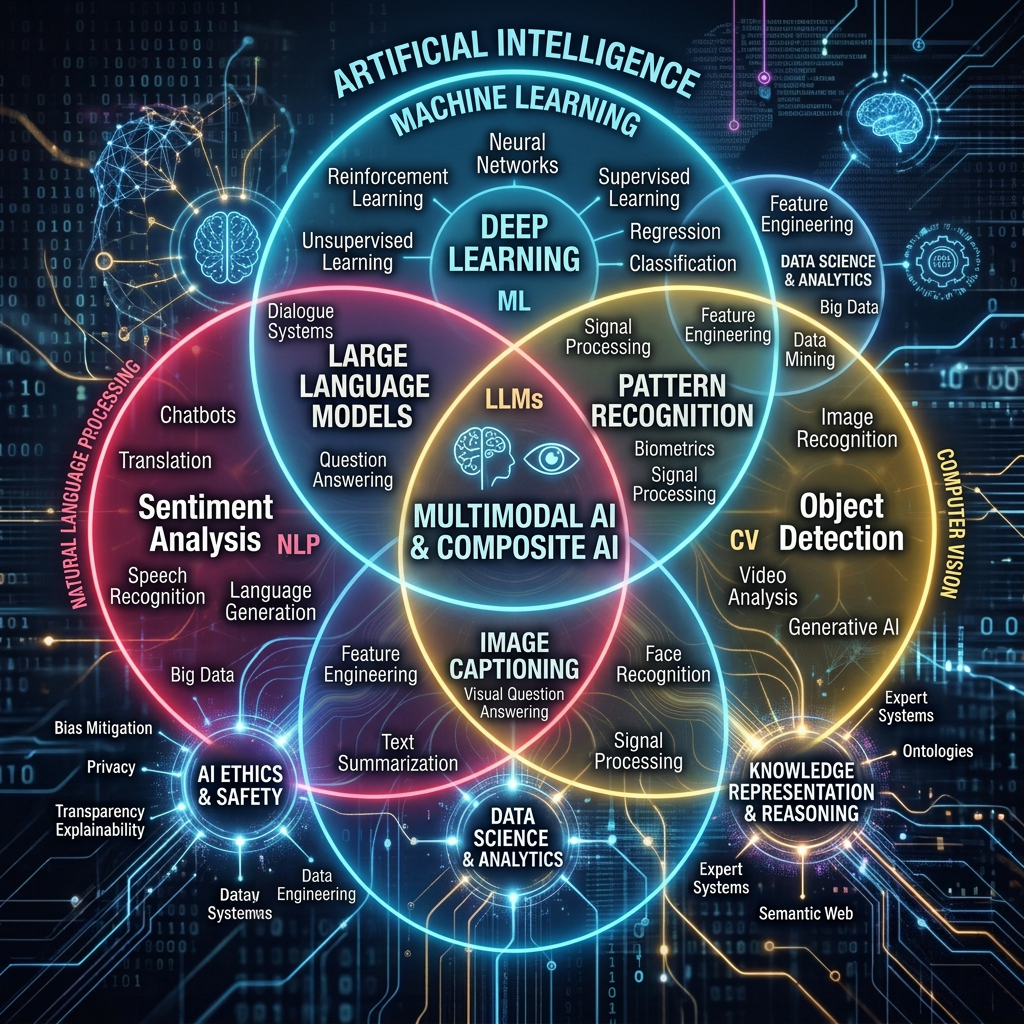 Diagram labeled Artificial Intelligence, connecting Data Science & Analytics, Machine Learning, Natural Language Processing, Computer Vision, Robotics & Autonomy, AI Ethics & Safety, Knowledge Representation & Reasoning, and related concepts including Deep Learning, Chatbots, Privacy, and Navigation.