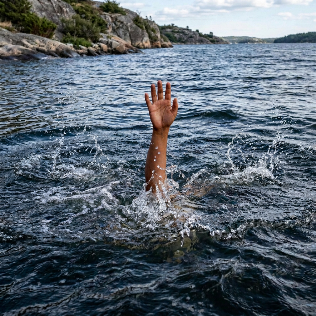 Swimmer raising her arms in choppy water near a rocky shore