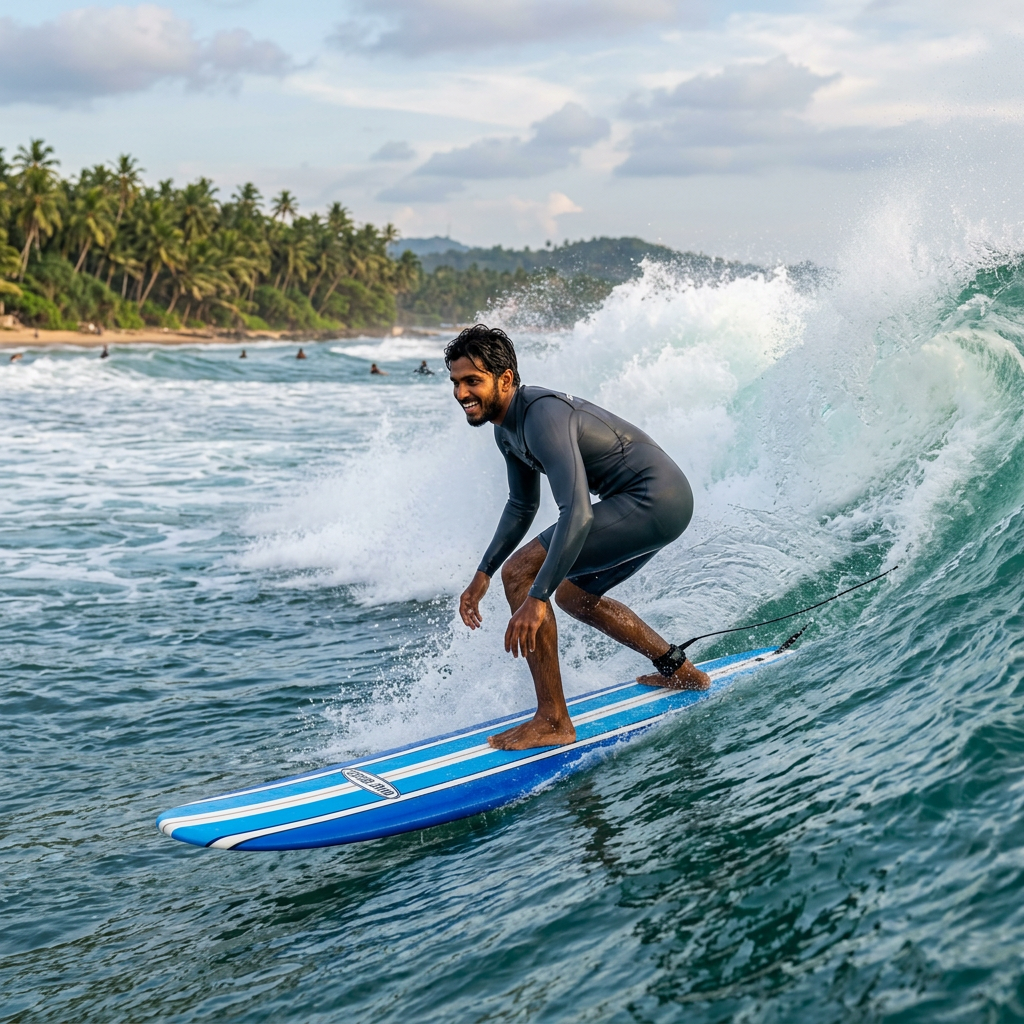 Surfer in a wetsuit riding a blue board on a breaking wave