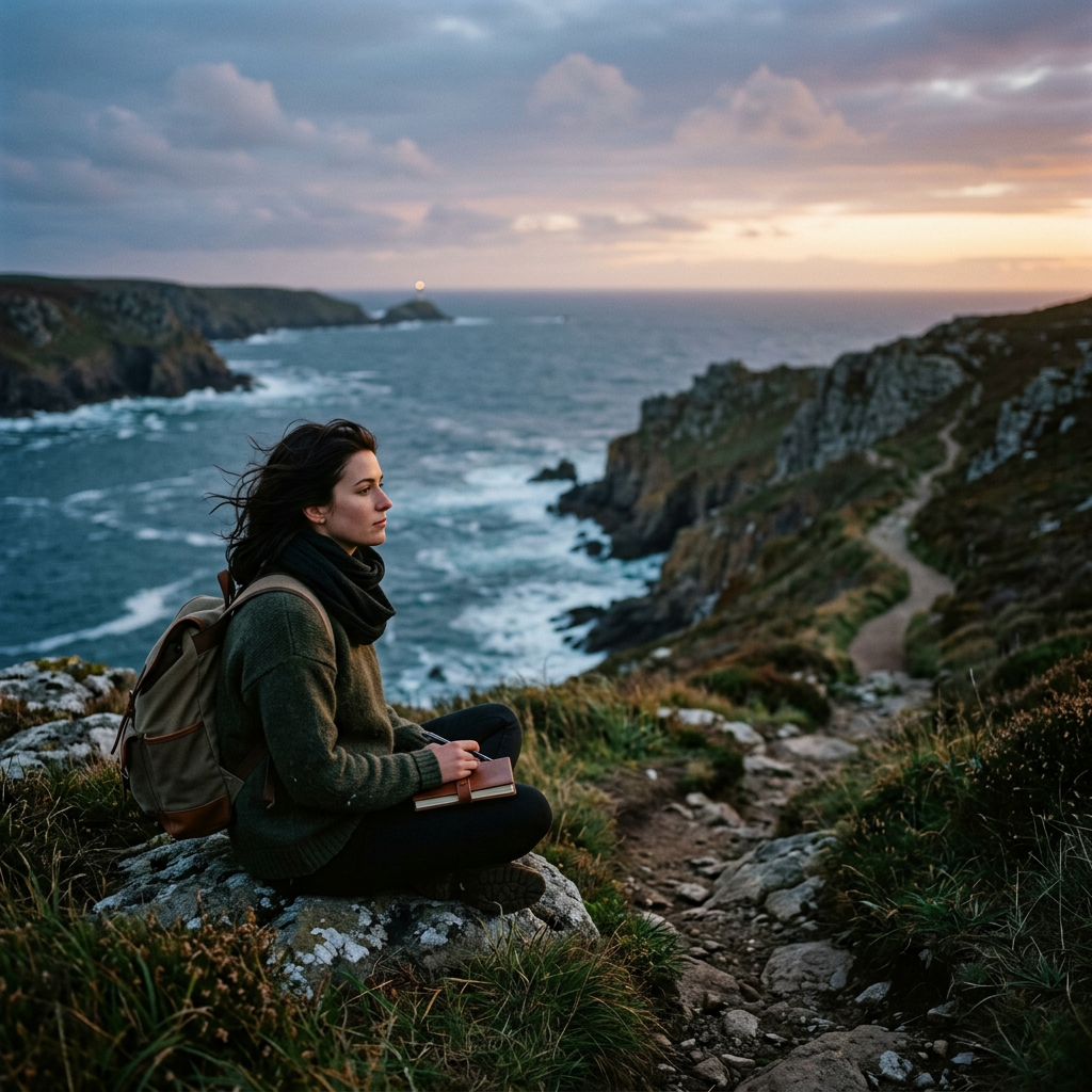 Woman with backpack writing in journal on a rocky coastal trail