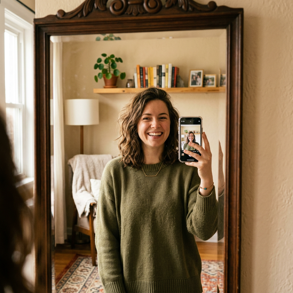 Smiling woman taking a mirror selfie in a warmly decorated room